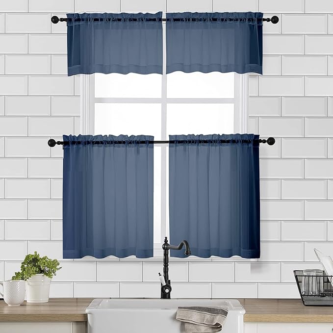 Chyhomenyc Sheer Curtains Tiers 42W x 24L Inches 2 Pieces, Light Filtering Small Curtains, Short Bathroom Living Room Cafe Basement Voile Window Curtain, Rod Pocket, Navy Blue