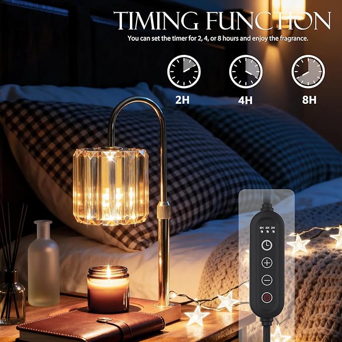 Candle Warmer Lamp with Timer, Dimmable Electric Candle Wamer Adjustable Height, Glass Modern Candle Melter Lamp, Amber, Gifts for Women Mom