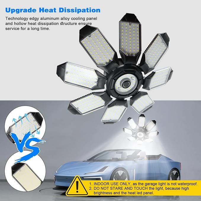 Garage Lights - 40000LM Super Bright Garage Lights Ceiling Led w/ 8 Deformable Panels Compatible for E26/E27 Screw in Socket Garage Lighting Bulb for Barn Basement Shops Attic - 2Pack