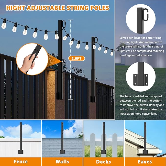 10 Pack 2.8Ft Suspension Outdoor String Light Poles for Outside String Lights Hanging,with Clip and Holder,Light Post Mounting Stand for Patio Fence Wall Garden Backyard Deck