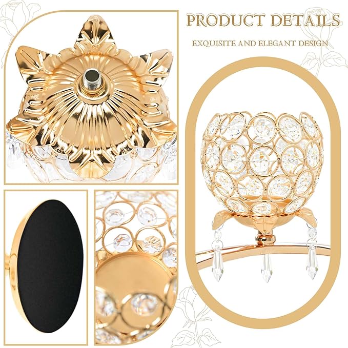 Set of 3 Gold Crystal Tea Light Candlestick Holders Flower Shape with Crystal Pendant Bowl Votive Metal Candle Holder for Table Centerpieces Wedding Home Decor (Set of 3, Gold)