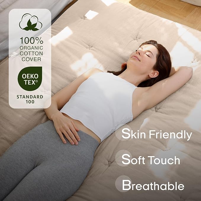 ZonLi Japanese Floor Futon Mattress Queen Size 80"x 60", 100% Cotton Cover 4'' Thicken Tatami Mattress, Foldable Sleeping Pad, Portable Dormitory Tatami Mat(Khaki)