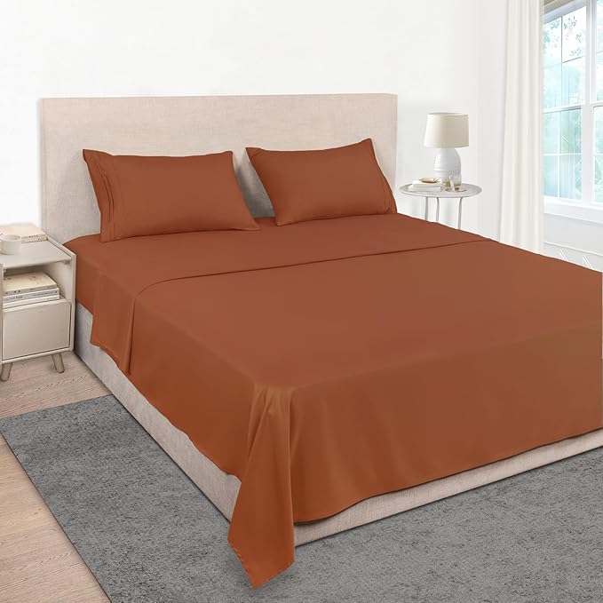 Mejoroom King Size Bed Sheet Set - Hotel Luxury 1800 Bedding Sheets & Pillowcases - 16" Deep Pocket Fitted Sheet, Soft, Wrinkle & Breathable, Fade Resistant - 4 Piece(King, Terracotta)