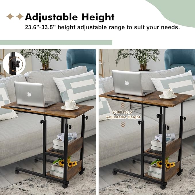 Hadulcet Adjustable C Table with Charging Station, Tiltable Desk C Shaped End Table for Couch, Over Bed Table with Wheels Adjustable Height, Hospital Table Laptop Stand Drawing Desk, Rustic Brown
