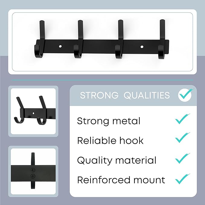 Matte Black Coat Rack Wall Mount – 12 Inch Stainless Steel Hook Rail with 4 Double Coat Hooks – Wall Mounted Entryway Organizer for Coats, Hats, Bags, Towels, Robes, Closet or Bathroom