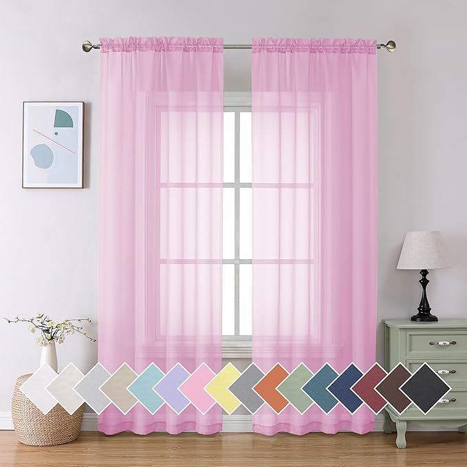 Aiyufeng Light Pink Sheer Curtains 84 Inches Long 2 Panels Set, Semi Transparent Voile Rod Pocket Sheer Window Drapes for Bedroom Bed Canopy Living Room Dining Wedding Party Backdrop, 40W x 84L inch
