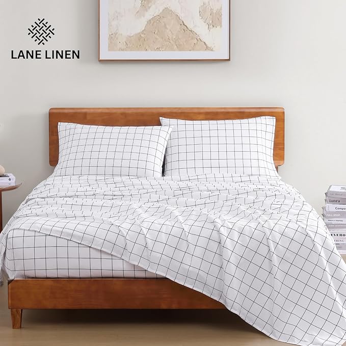 LANE LINEN Twin Sheet Set, 100% Organic Cotton Sheets Twin Size, 3Pc Twin Sheets Sets, Premium Bedding Sheets & Pillowcases, Percale Sheets, 15" Deep Pocket Twin Fitted Sheet - Windowpane