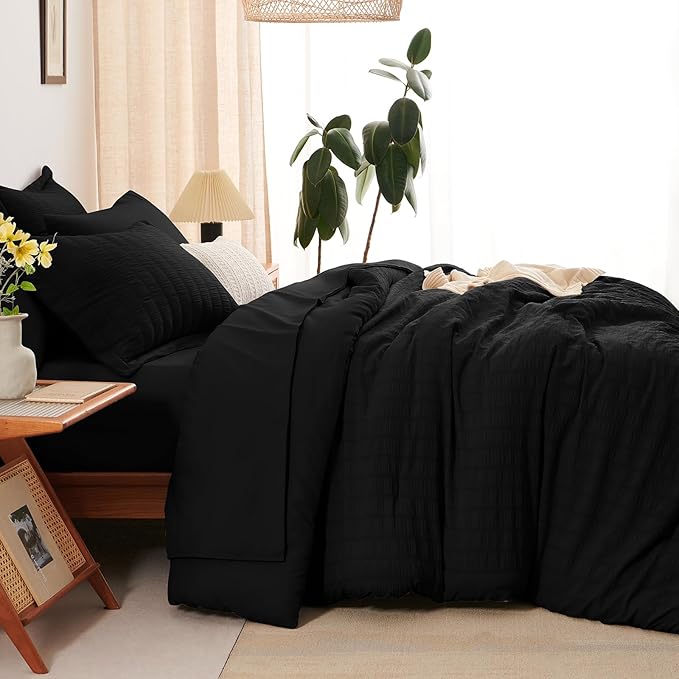 CozyLux Twin XL Comforter Set with Sheets Seersucker Black 5 Pieces Bed in a Bag, Twin Extra Long Luxury Soft Bedding Sets for College Dorm with Down Alternative Comforter, Sheets, Pillowcases & Shams