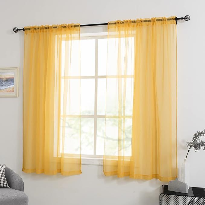 HUTO Gold Yellow Sheer Curtains 63 Inches Long for Living Room Rod Pocket Top Window Sheer Panels Curtains for Bedroom 2 Panels