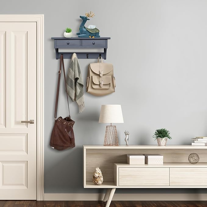 Emfogo Coat Hooks Wall Mounted, Rustic Wood Coat Rack Wall Mount Shelf with Hooks, Farmhouse Wall Coat Rack with Shelf & Coat Hook for Entryway, Mudroom, Bedroom, Kitchen, Bathroom (Gray)
