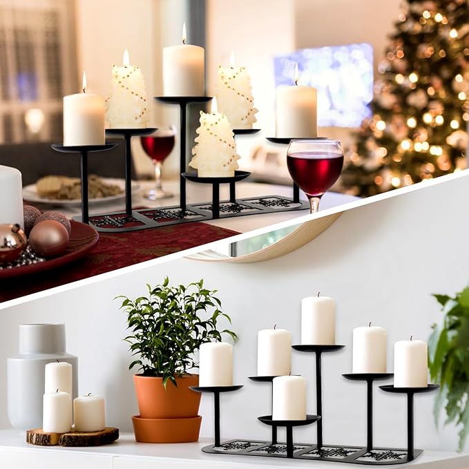 Fireplace Candelabra Candle Holder Matte Black Metal Candleholder with 6 Candle Stands Mantle Decor for Flameless or Wax Pillar Candle Floor Table Centrepiece Christmas Wedding Party Decoration