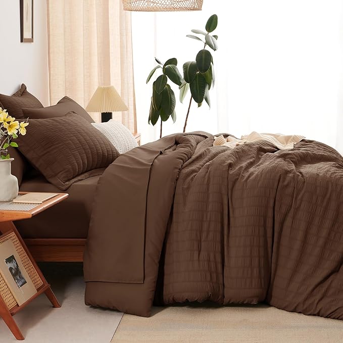 CozyLux Queen Comforter Set Brown Seersucker 7 Pieces Bed in a Bag Queen Comforter Set with Sheets, Luxury Soft Bedding Set with Down Alternative Comforter, Sheets, Pillowcases & Shams for All Seasons