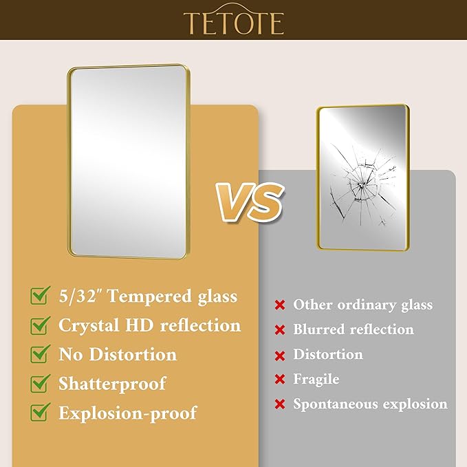 TETOTE Gold Framed Mirror 48 x 30 Vanity Mirrors for Wall Decor Brushed Gold Bathroom Mirrors, Tempered Glass, Modern Farmhouse Wall Mounted Mirror for Decorative(Horizontal/Vertical)