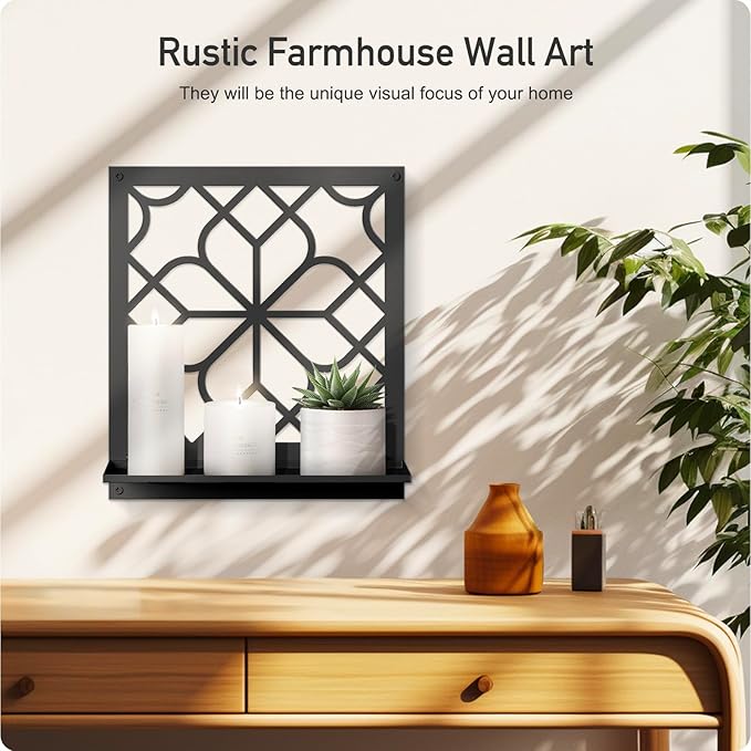 Black Metal Wall Candle Holder Set of 2, Minimalist Rustic Aesthetics Wall Art Decor for Living Room Bedroom Bathroom (11.8 x 13 in)