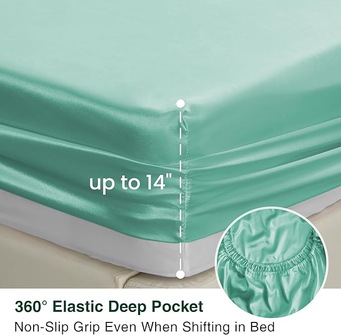 Love's cabin Satin Queen Sheets Set - 4 Piece Aqua Silky Bed Sheets with Deep Pocket, Luxury Silk Feel Satin Queen Size Sheet Set (1 Flat Sheet,1 Fitted Sheet,2 Pillow Cases)