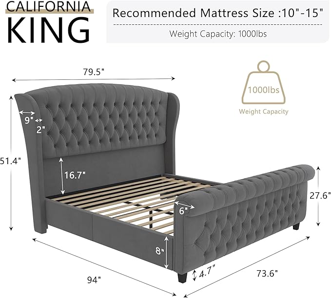 AMERLIFE California King Size Platform Bed Frame, Velvet Upholstered Sleigh Bed with Scroll Wingback Headboard & Footboard/Button Tufted/No Box Spring Required/Grey