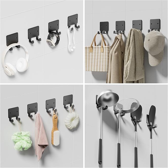 GTK 4 Pack Key Holder for Wall, Razor Holder Wall Mounted, Hat Rack, Self Adhesive Hooks, Shower Hooks, Towel Hooks(Black)