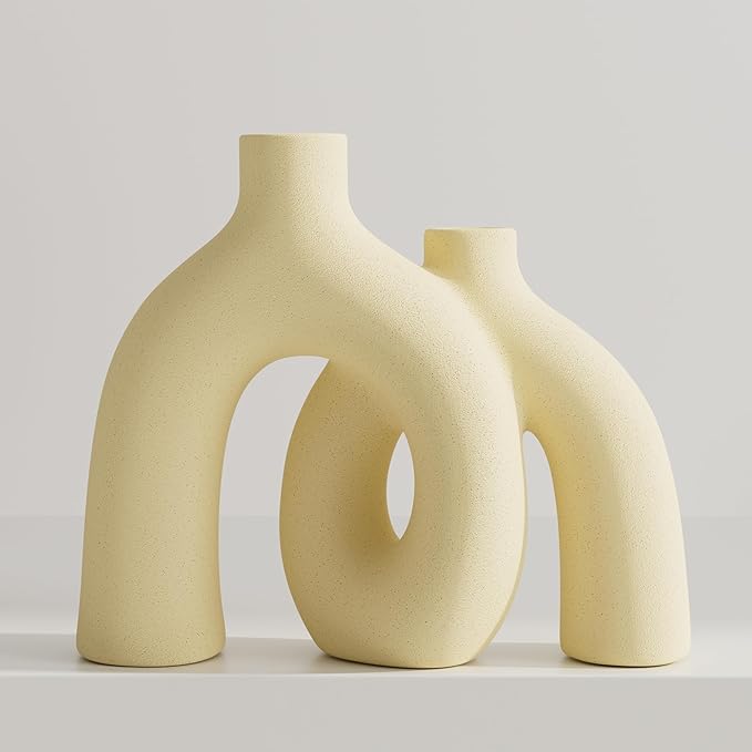 Hug Donut Decorative Vase Set - Beige Vase, Modern Nordic Boho Style Vases Home Decor, Matte Ceramic Decorations for Living Room Shelf, Bookshelf Mantle Entryway Table or Console Décor (Beige)