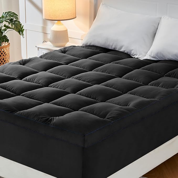 CYMULA Full Size Mattress Topper, Black Cooling Mattress Pad Cover, Thick Full Bed Pillow Topper Soft Firm with Deep Pockets, Washable Plush Down Alternative Fill Mattress Protector