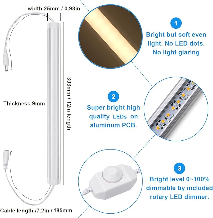 Litever Under Cabinet LED Lighting Kit, Super Bright, 6 PCS 12” Slim Light Bars, 31W 2000 Lumen, Dimmable, Plug or Wired Power Adapter, for Kitchen Cabinets Counter Shelf Workbench (Warm White 3000K)