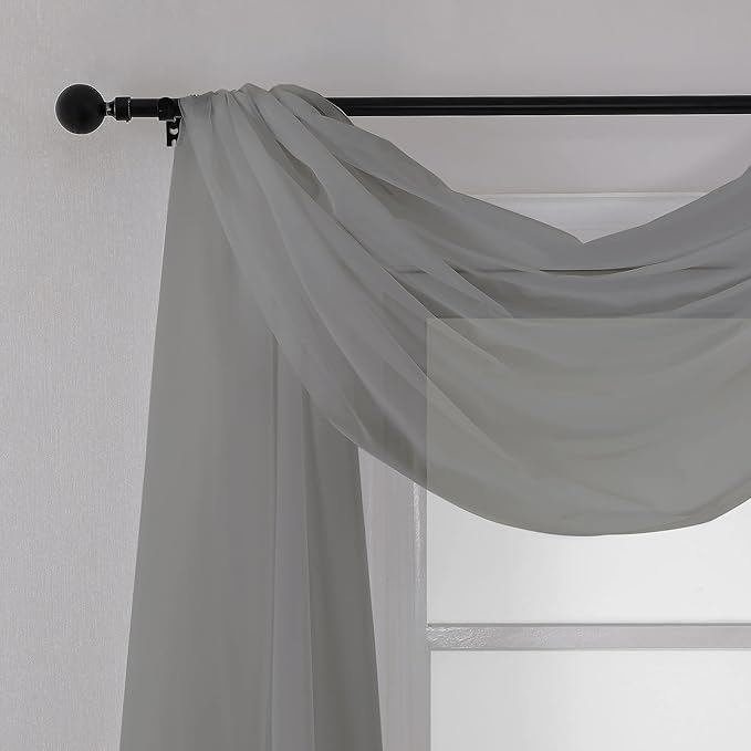 Chyhomenyc Charcoal Grey Sheer Scarf Valances for Windows 216 Inch Extra Long, Window Scarf Drapes Rod Pocket Backdrop for Wedding Arch Draping/Party/Canopy Bed/Living Room, 2PC, 18 Feet Length