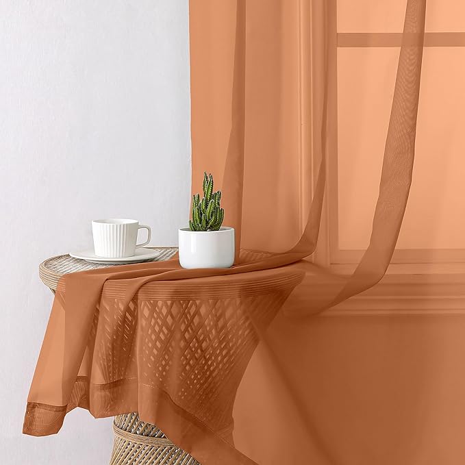 Aiyufeng Orange Sheer Curtains 54 Inch Length 2 Panels Set, Light Filtering Airy Rod Pocket Orange Window Curtain Treatment Drapes for Kitchen Bedroom Living, Each 42Wx54L Inches