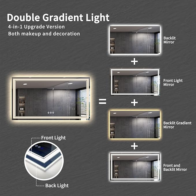 Bathroom Mirror, 72x40 Inch Gradient Front and Backlit Big LED Mirror, 3 Colors Dimmable CRI>90 Double Lights, IP54 Enhanced Anti-Fog, Hanging Plates Wall Mount Lighted Bathroom Mirror