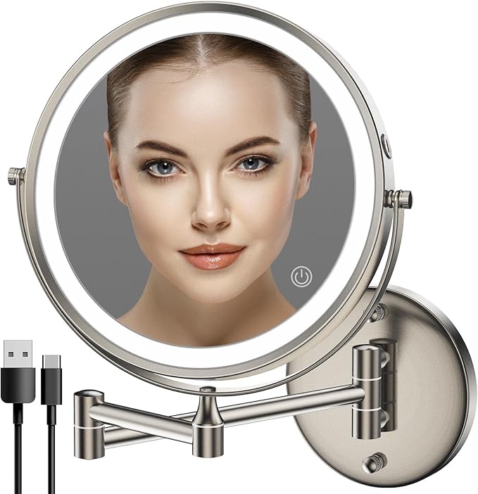 Rocollos Rechargeable Wall Mounted Lighted Makeup Mirror, 8 Inch Double-Sided LED Vanity Mirror 1X/10X Magnification,3 Color Lights Touch Screen Dimmable 360°Swivel 13 Inch Extendable