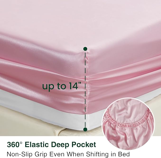 Love's cabin Twin XL Satin Sheet Sets - 3 Piece Pink Silky Bed Sheets with Deep Pockets, Luxury Silk Feel Satin Sheet Set Twin XL (1 Flat Sheet,1 Fitted Sheet,1 Pillow case)