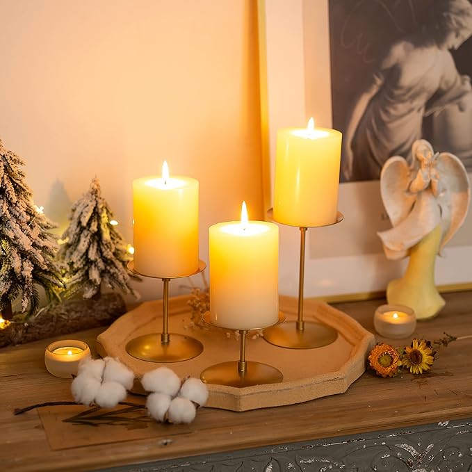 Pillar Candle Holders Candelabra Gold - Set of 12 Bulk Candle Stand Iron Plate Minimalism Modern Home Mantel Dinning Table Decorations Centerpiece for Wedding, Party, Housewarming, Events