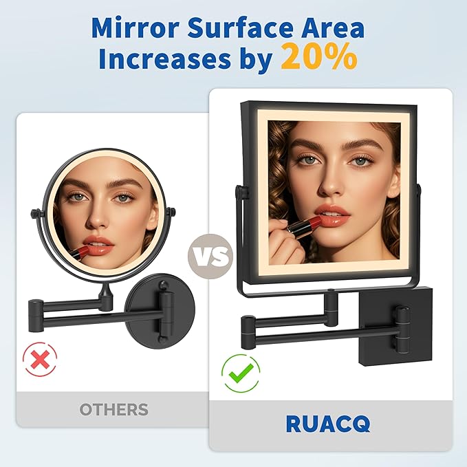 Ruacq Rechargeable Wall Mounted Makeup Mirror with Lights, Double Sided 1X/10X Magnifying Vanity Mirror with 3 Color Lighting, Touch Screen Dimmable, 360° Rotation Extension Foldable Arm(Matte Black)