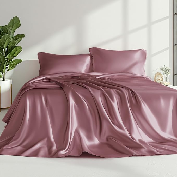 Love's cabin Satin Queen Sheets Set - 4 Piece Rose Taupe Silky Bed Sheets Set with Deep Pocket, Luxury Silk Feel Satin Queen Size Sheet Set (1 Flat Sheet,1 Fitted Sheet,2 Pillow Cases)