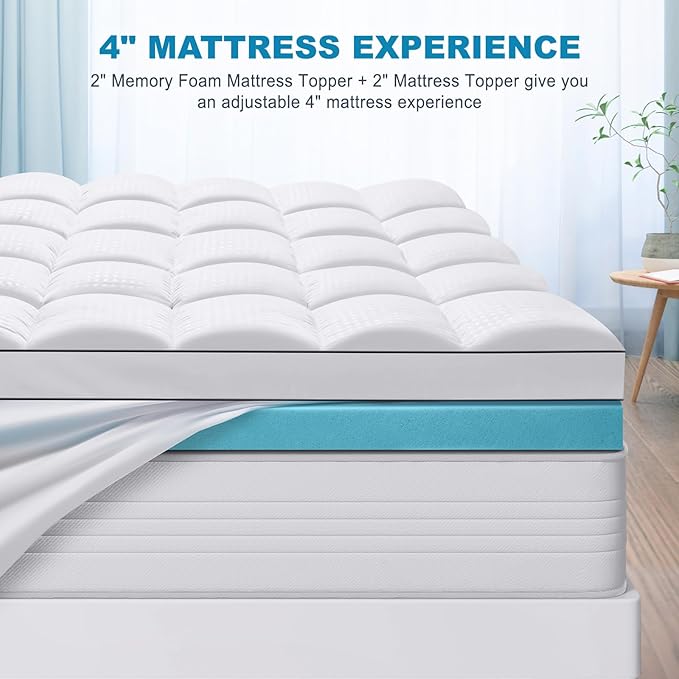 MASVIS Full Size Dual Layer 4 Inch Memory Foam Mattress Topper, 2 Inch Gel Memory Foam and 2 Inch Cooling Pillow Top Mattress Pad Cover for Back Pain, Medium Support