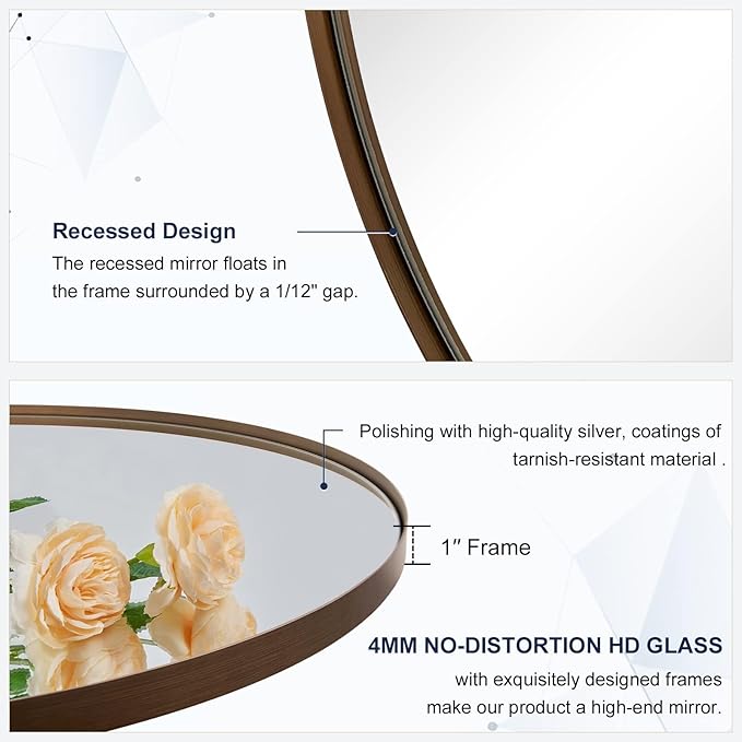 ANDY STAR Round Wall Mirror, 30 Inches Brushed Bronze Bathroom Mirror, Modern Vanity Mirror in Stainless Steel Frame