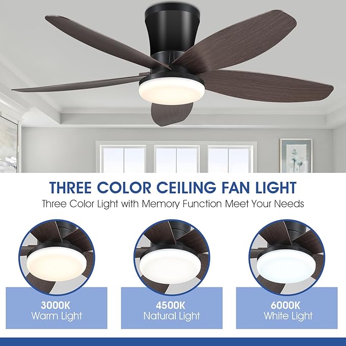 Ceiling Fans with Lights-36 Low Profile Ceiling Fan with Light and Remote/APP Control,Flush Mount,DC Reversible,LED Dimmable Modern Ceiling Fans for Bedroom,Indoor/Outdoor Patio Use(Brown)