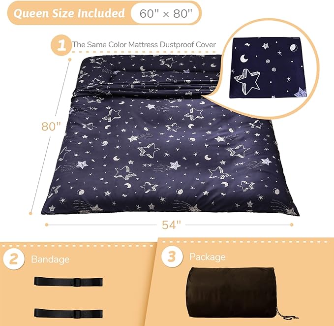 MAXYOYO Japanese Futon Mattress Floor Mattress Sleeping Pad Foldable Bed Roll Up Camping Cushion Floor Lounger Bed Couches and Sofas Couch Topper, Moon and Star, Queen Size
