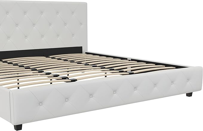 DHP Dakota Upholstered Platform Bed with Diamond Button Tufted Headboard and Footboard, No Box Spring Needed, King, White Faux Leather