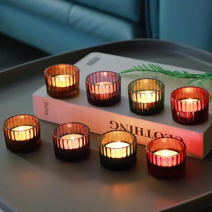 VOHO 24pcs Multicolor Votive Candle Holders for Centerpiece Table Decorations, Ribbed Glass Christmas Candle Holder Gifts for Women, Festive Tealight Candle Holder for Votive/Tea Lights Candles