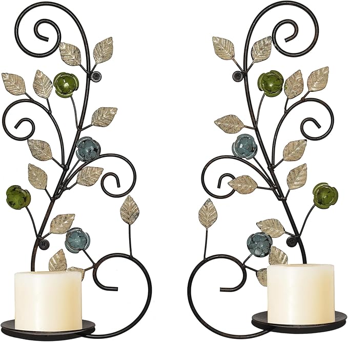Wall Sconces Candle Holder Set of 2, Antique White Leaf and Multi-Color Flower Branch Wall Mount Hanging Metal Wall Candle Holder Candle Sconce for Living Room Dining Room
