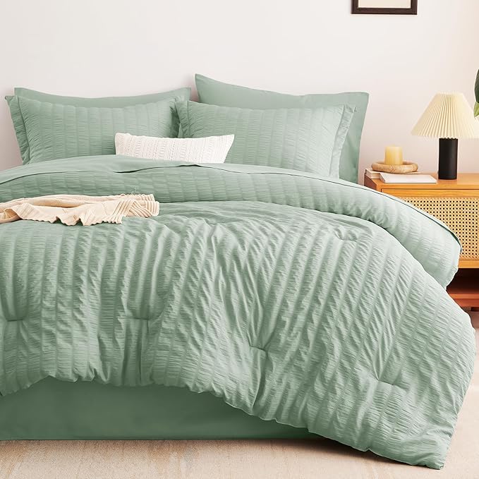 CozyLux Full Size Comforter Sets with Sheets Seersucker 7 Pieces Sage Green Bed in a Bag Textured Luxury Soft Bedding Set with Down Alternative Comforter, Sheets, Pillowcases & Shams for All Seasons