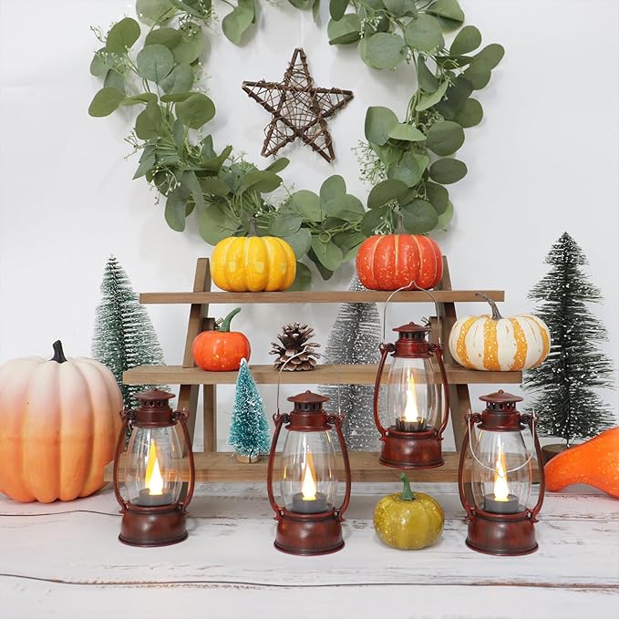 Red Painted Mini Lanterns 6-Pack - LED Flickering Candle Lanterns for Christmas & New Year, Valentine's, Wedding, Halloween & Western Party Decor, Table Centerpieces & Cowgirl Party Supplies