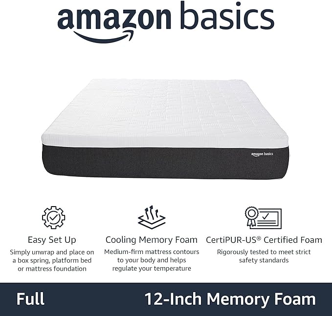Amazon Basics Gel Memory Foam Mattress, Firm, Cooling, Full Size Mattress, CertiPUR-US® Certified Foam, 75 x 54 x 12 inches, White/Gray