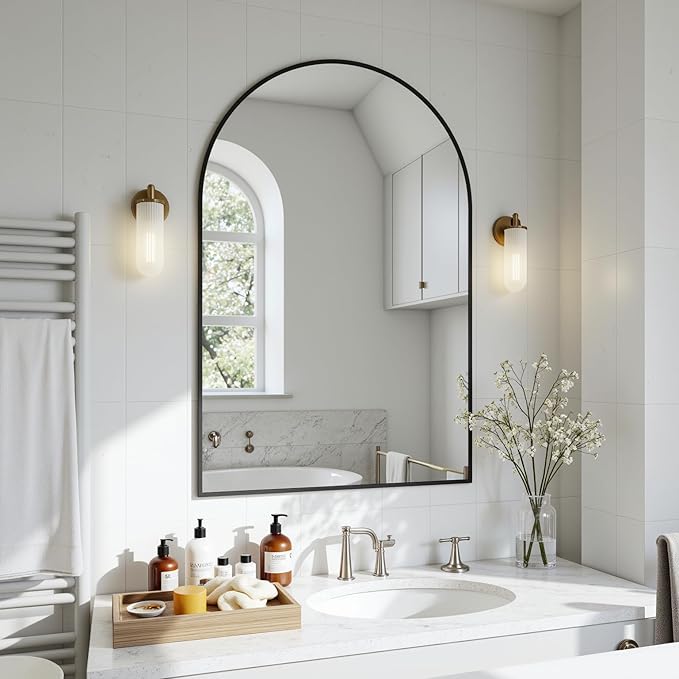 Antok Bathroom Mirror,30"x20" Wall Mirror, Decorative Mirrors Vanity Mirror Aluminum Alloy Frame Contemporary Hanging Mirror for Living Room Bathroom Entryway,Black,Arched
