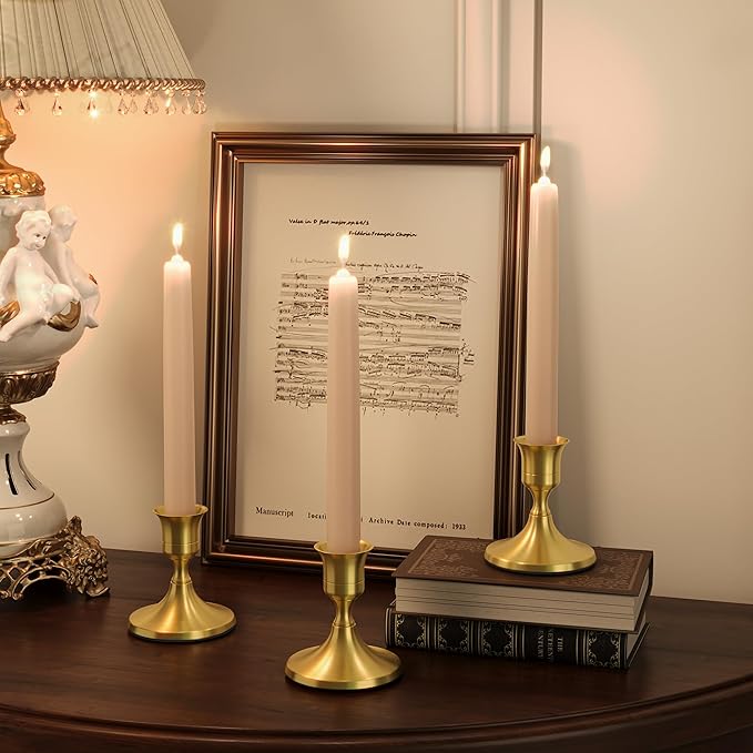 Brass Gold Taper Candle Holders Set of 3, Vintage Metal Candlestick Holders for Dinner Room Table Centerpiece or Mantel Wedding Party Decor