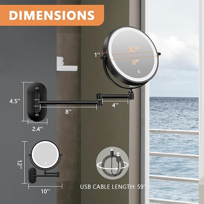 Auxmir 1X/30X Wall Mounted Makeup Mirror with Light, 8" Rechargeable Double-Sided Magnifying Mirror, Vanity Mirror Dimmable 3 Color Light, 360° Extension Rotation Foldable 14.5 Inch Arm, Black