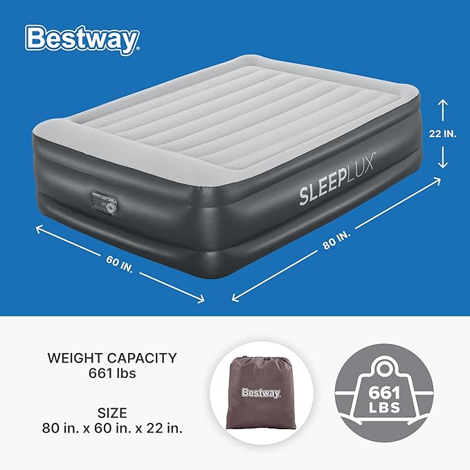 SLEEPLUX Durable Inflatable Air Mattress with Built-in Pump, Pillow and USB Charger, 22" Tall Queen