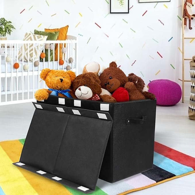 2 Pack Large Toy Box Chest Storage with Flip-Top Lid, Collapsible Kids Toy Storage Bin Boxes s for Toys, Playroom Organizers, 25"x13" x16" (Linen Black)