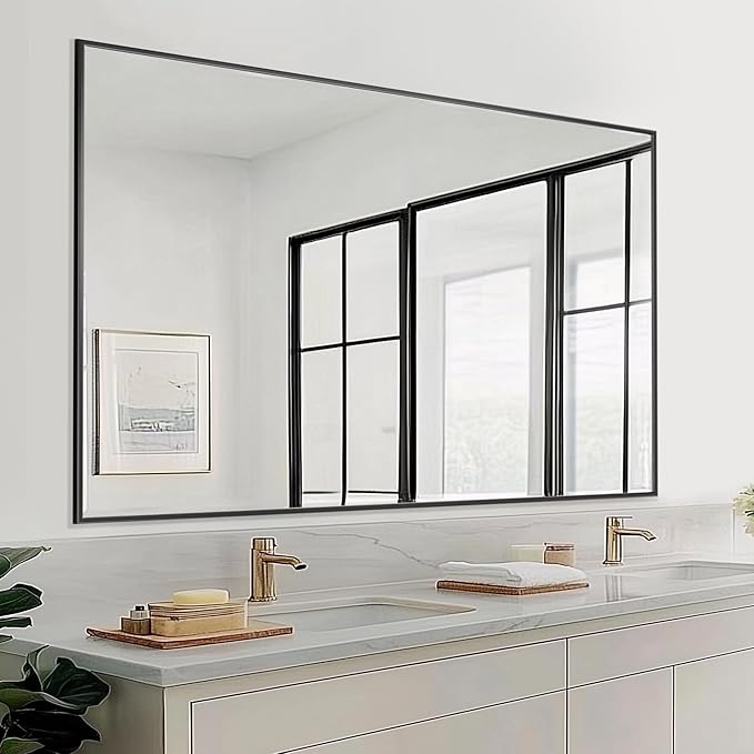 Antok Bathroom Mirror, 60"x36" Wall Mirror, Decorative Mirrors Vanity Mirror Aluminum Alloy Frame Contemporary Rectangular Hanging Mirror for Living Room Bathroom Entryway,Black,Rect Corner