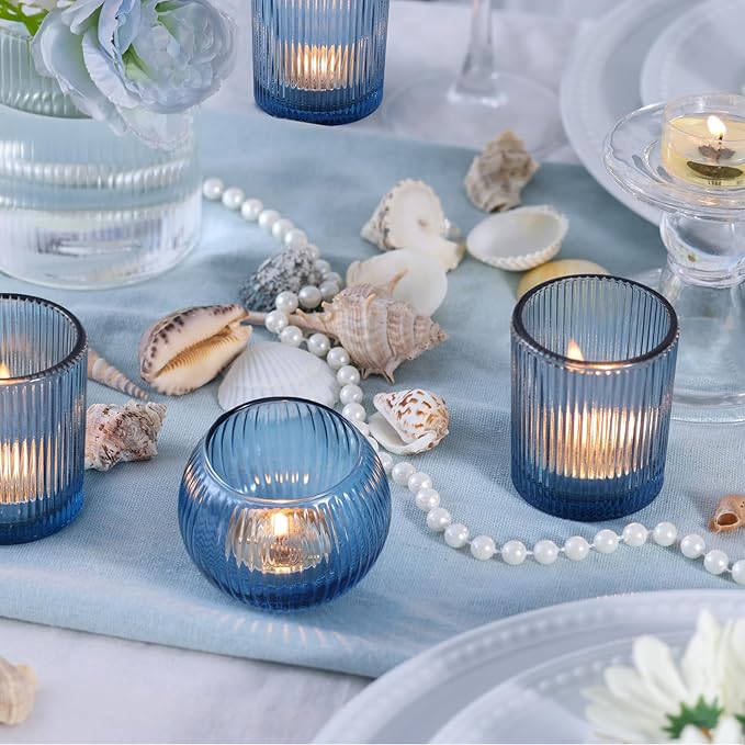 Blue Votive Candle Holders Set of 10- Round Blue Candle Holders Bulk, Glass Candle Holder for Wedding Table Decoration, Embossed Glass Votives, Tea Lights Candle Holder for Home & Party Decor