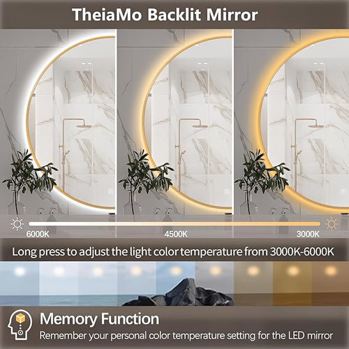 24" Round LED Bathroom Mirror, Wall Mounted Round Backlit Mirror LED Bathroom Vanity Mirror with Light Fog Free Circle Lighted Mirror with Gold Frame, Smart Light up Mirror 3-Color